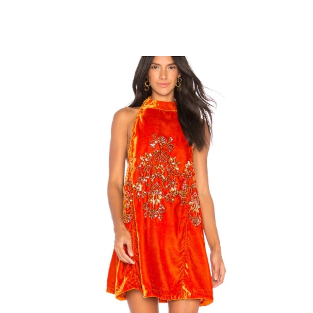 Free People $128 Jills Sequin Swing Dress Orange Velvet Combo Halter Size Small